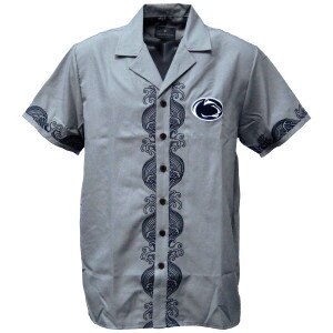 gray short sleeve button down Hawaiian shirt with Penn State Athletic Logo